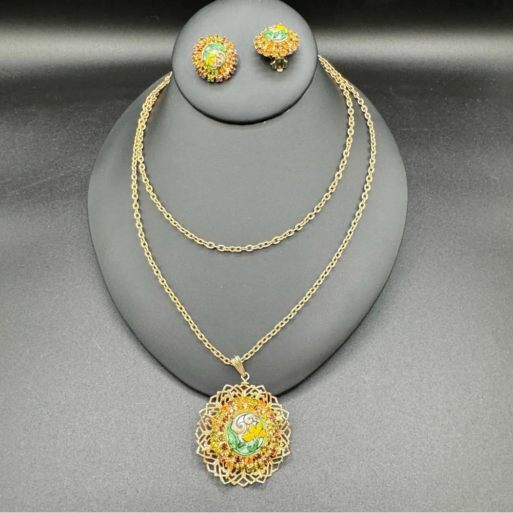 Vintage 1920s Art Nouveau Style Austrian Crystal Gold Tone Floral Necklace Set - Picture 4 of 17